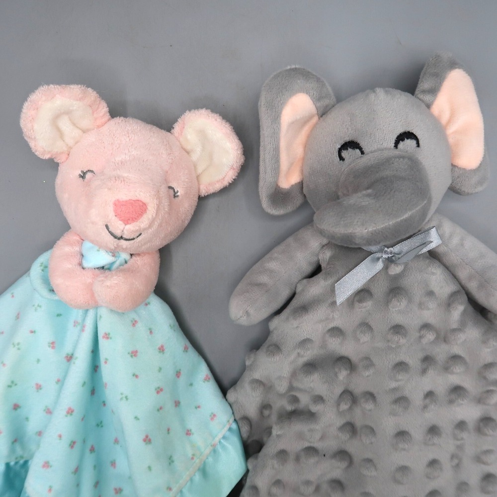 Pro Goleem Gray Elephant & Pink Mouse Carters Lot Lovey Security Blanket Silky